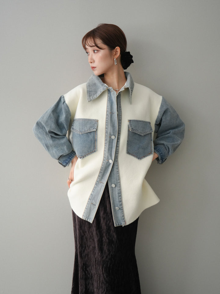 [予約]デニム襟ダブルフェイスニットカーディガン/white
