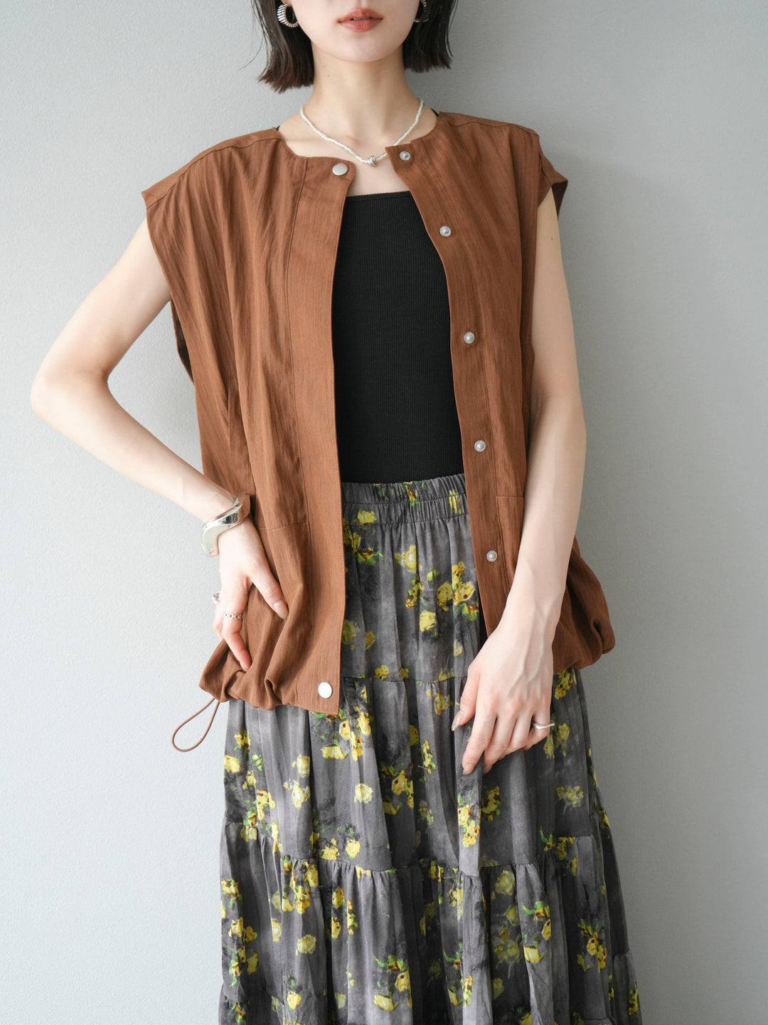 [SET]リネンライクドロストバルーンブルゾン+フラワーワッシャープリーツスカート(2set)