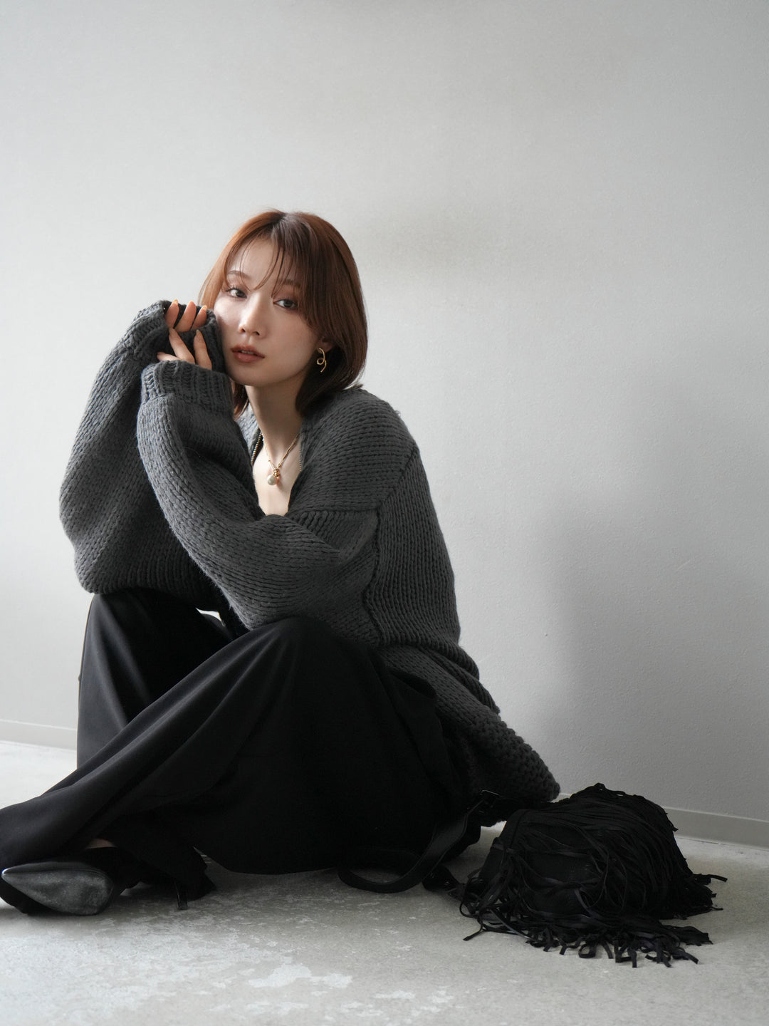 [予約]ロービングケーブルオーバーZIPニットカーディガン/チャコール