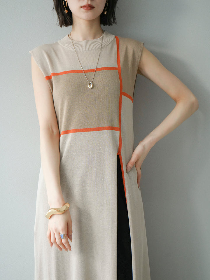 [予約]配色スリットニットワンピース/ベージュ