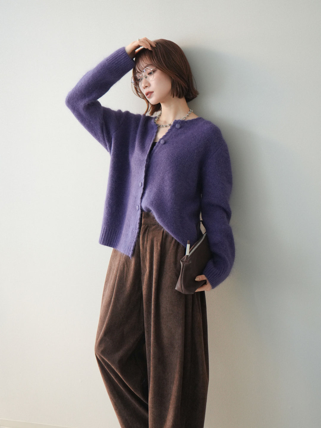 [予約]くるみボタンニットカーディガン/purple