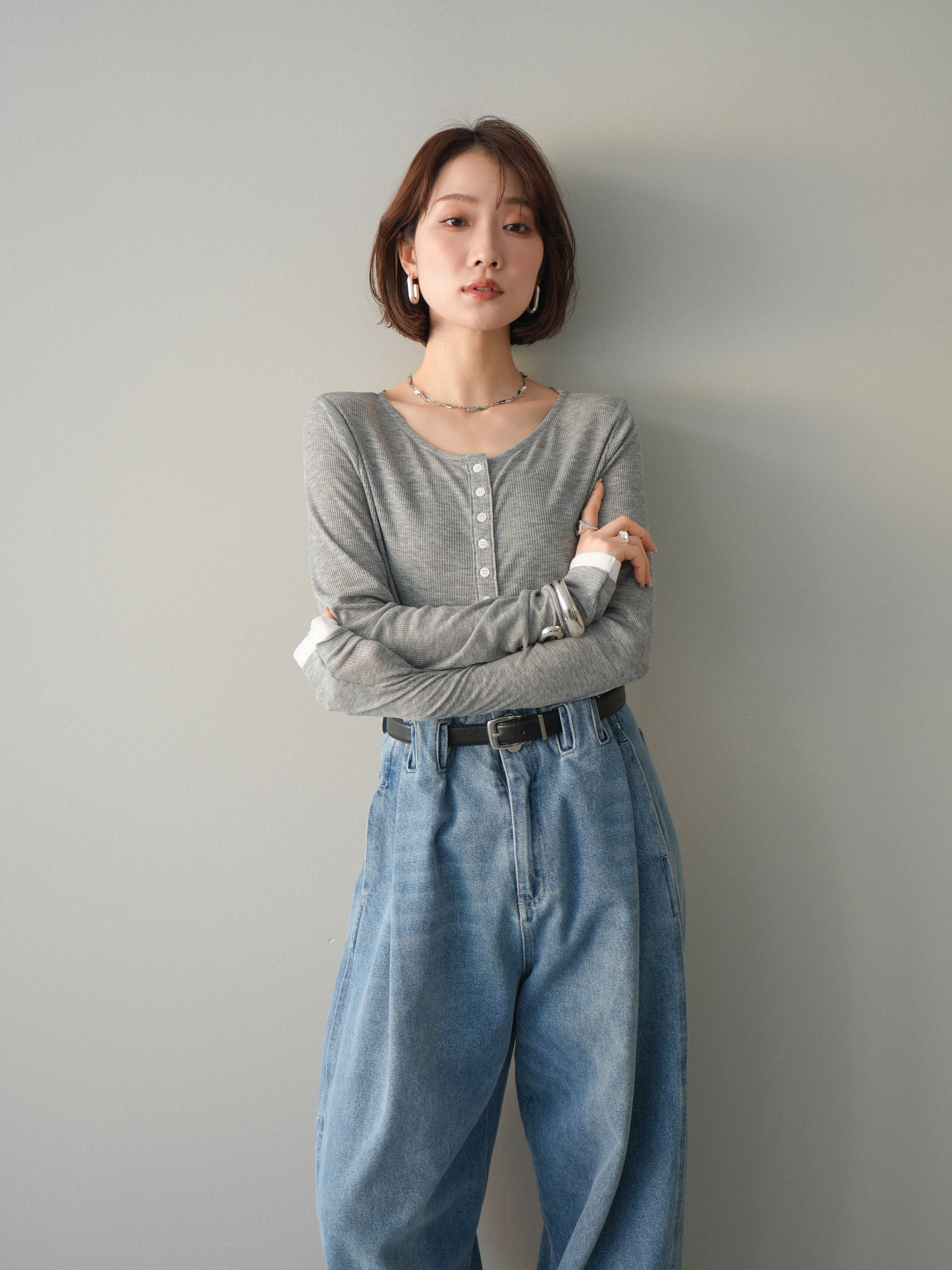 予約]シアーリブバイカラーカーディガン/gray – Lumier