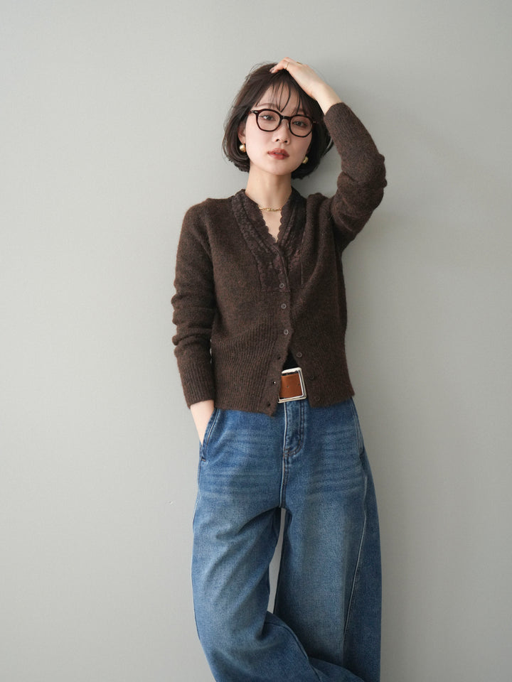 [SET]レースネックコンパクトニットカーディガン+選べるアクセセット(2set)