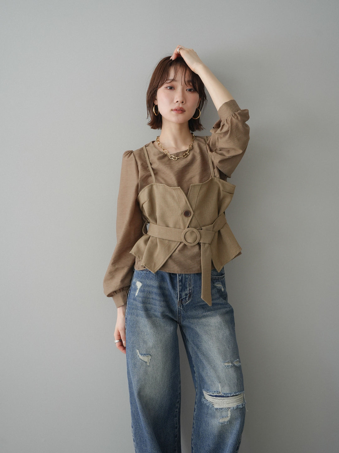 [SET]異素材ビスチェドッキングブラウス+異素材ビスチェドッキングブラウス(2set)