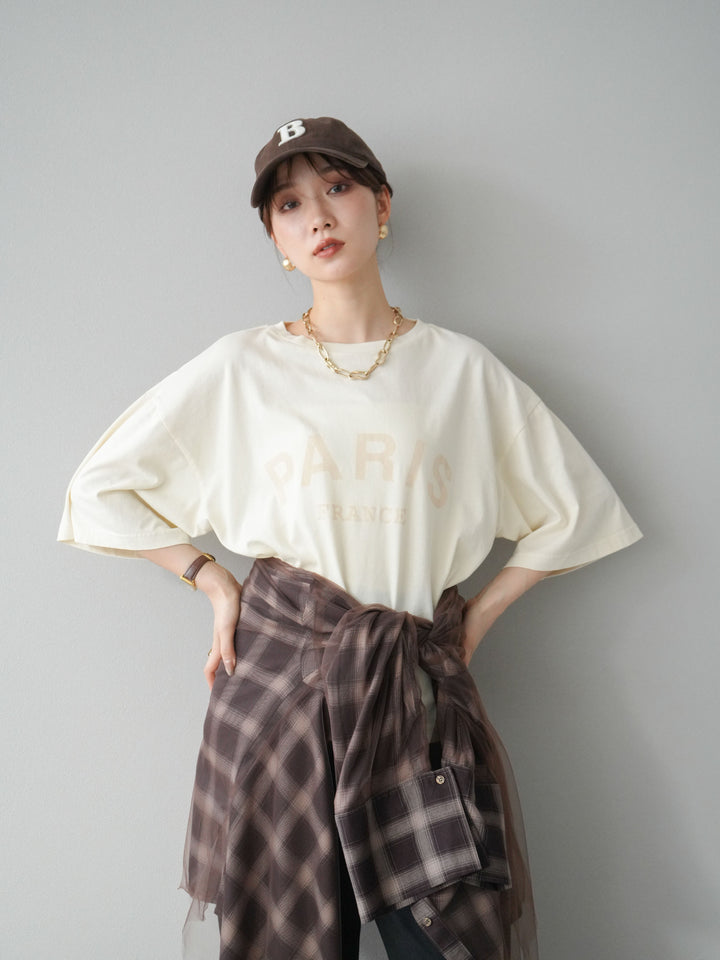 [SET]ピグメントロゴプリントTシャツ+2WAYデザインスウェットパンツ+チュールドッキングチェック柄オーバーサイズシャツ(3set)