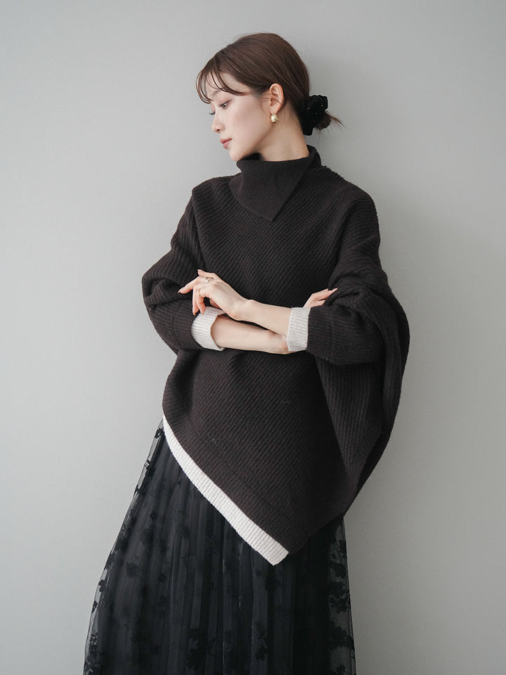 [予約]配色アシンメトリードルマンニットプルオーバー/brown