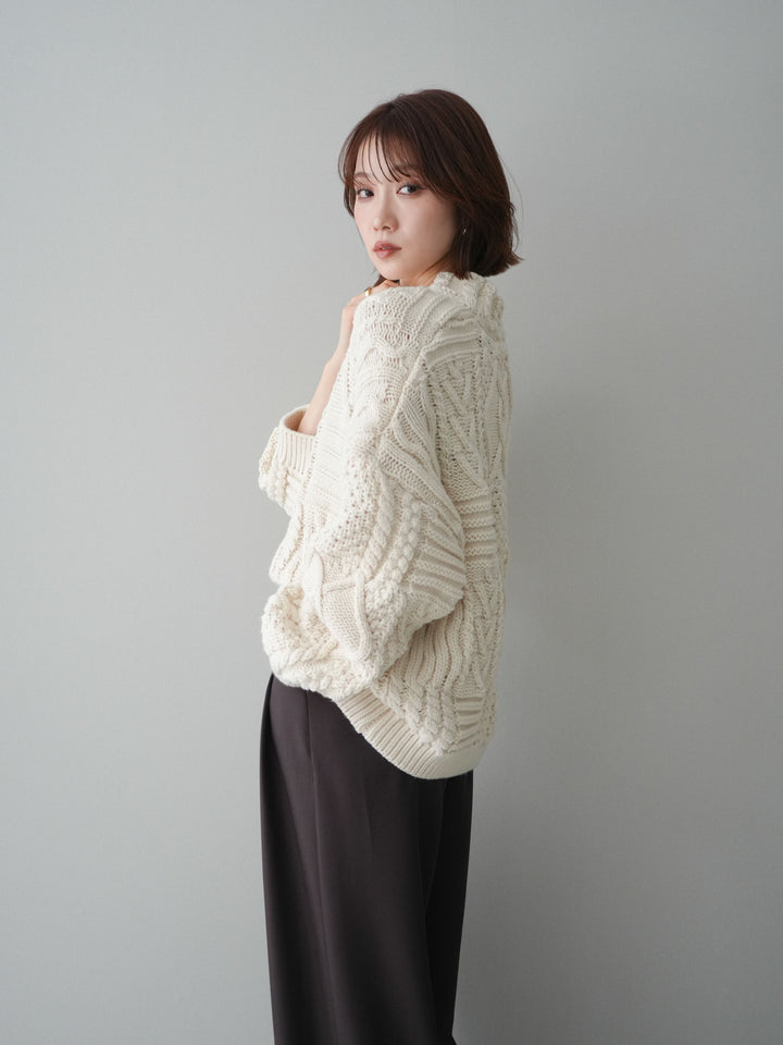 [SET]ケーブル編みモックネックニットプルオーバー+ベルトループデザインワイドパンツ(2set)