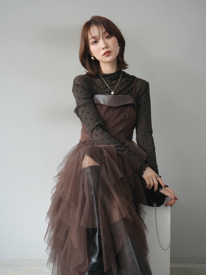 [予約]レザー切替チュールラッフルワンピース/brown