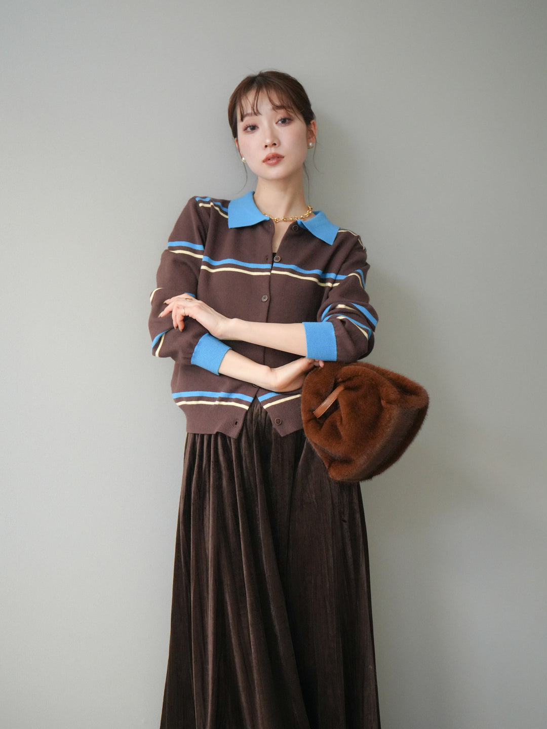 [予約]配色マルチボーダーポロニットカーディガン/brown