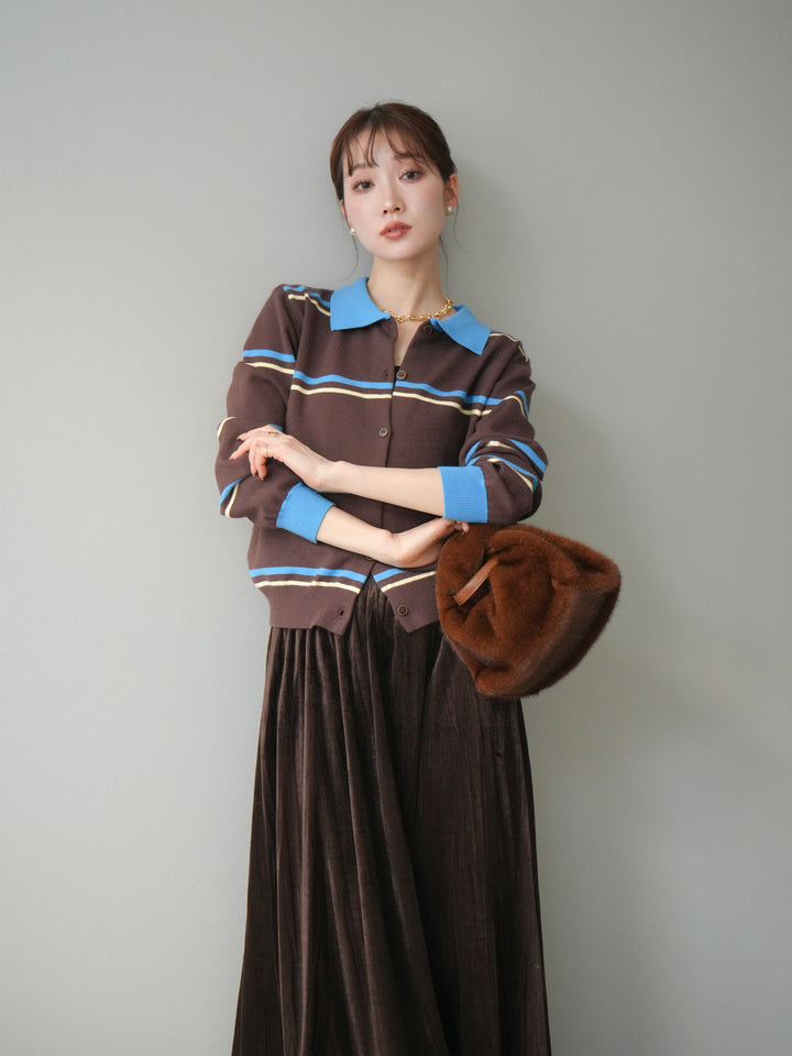 [予約]配色マルチボーダーポロニットカーディガン/brown