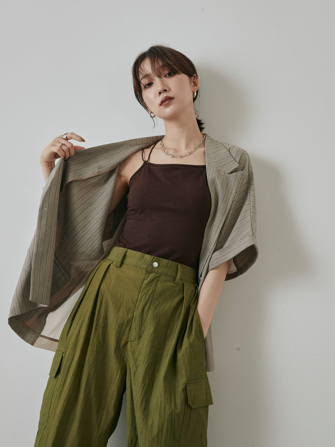 [予約]バックオーガンジーヘリンボーンストライプハーフジャケット/グレージュ