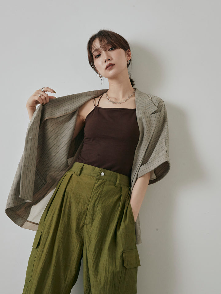 [予約]バックオーガンジーヘリンボーンストライプハーフジャケット/グレージュ