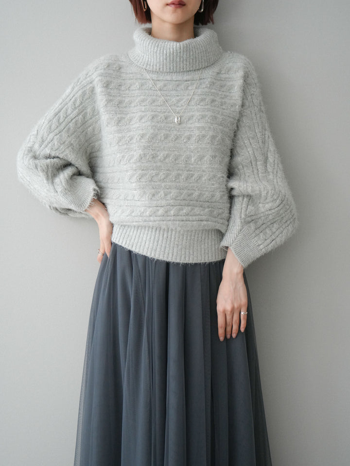 [予約]オフタートルケーブル編みニットプルオーバー/gray