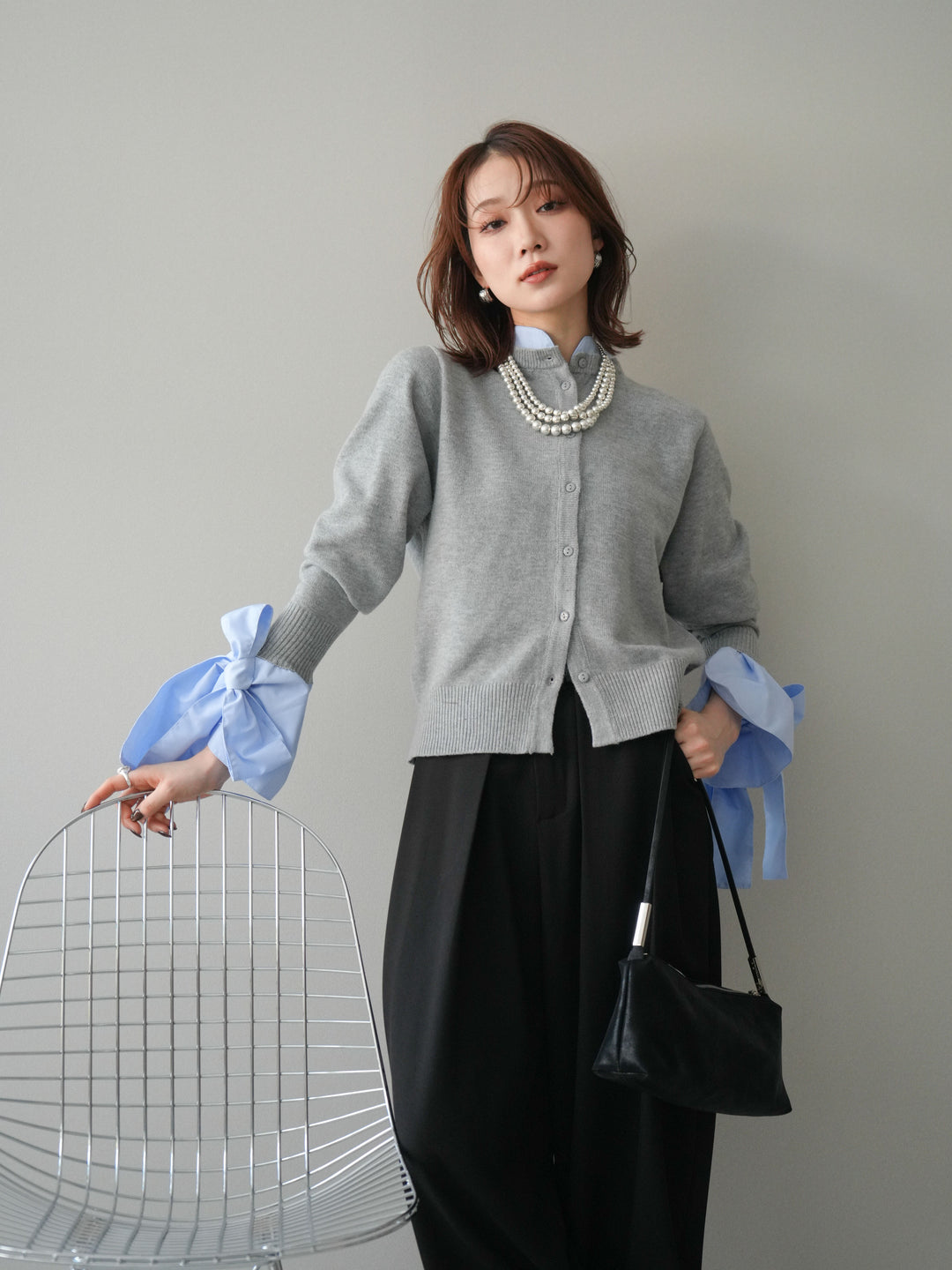 [予約]ウールライクリボンシャツカーディガン/gray