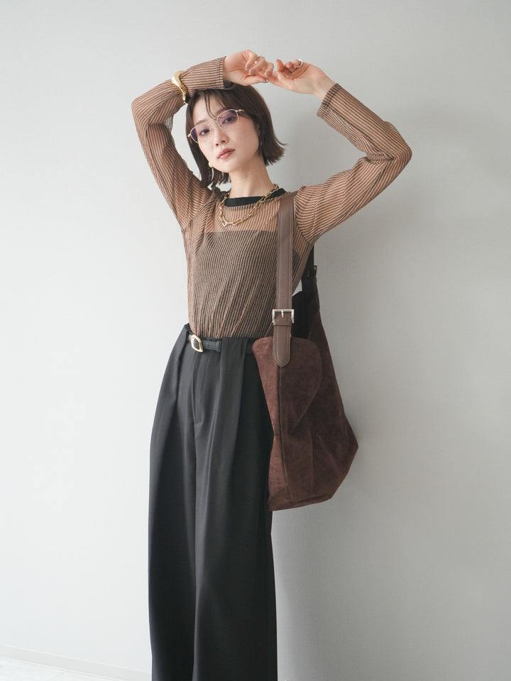 [SET]シアーストライプメッシュトップス+ドレープタックベルトループパンツ(2set)
