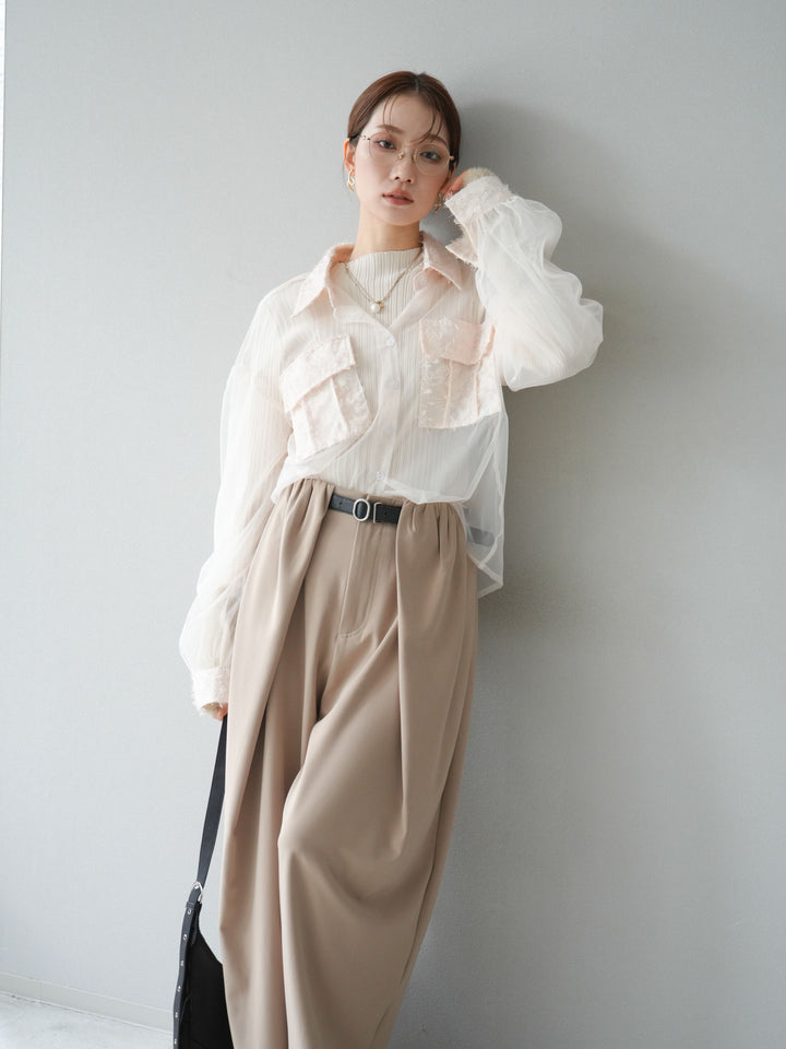 [SET]フリンジジャガード×チュールレイヤードシャツ+アームシャギーランダムリブニットトップス+ベルト付タックワイドパンツ(3set)