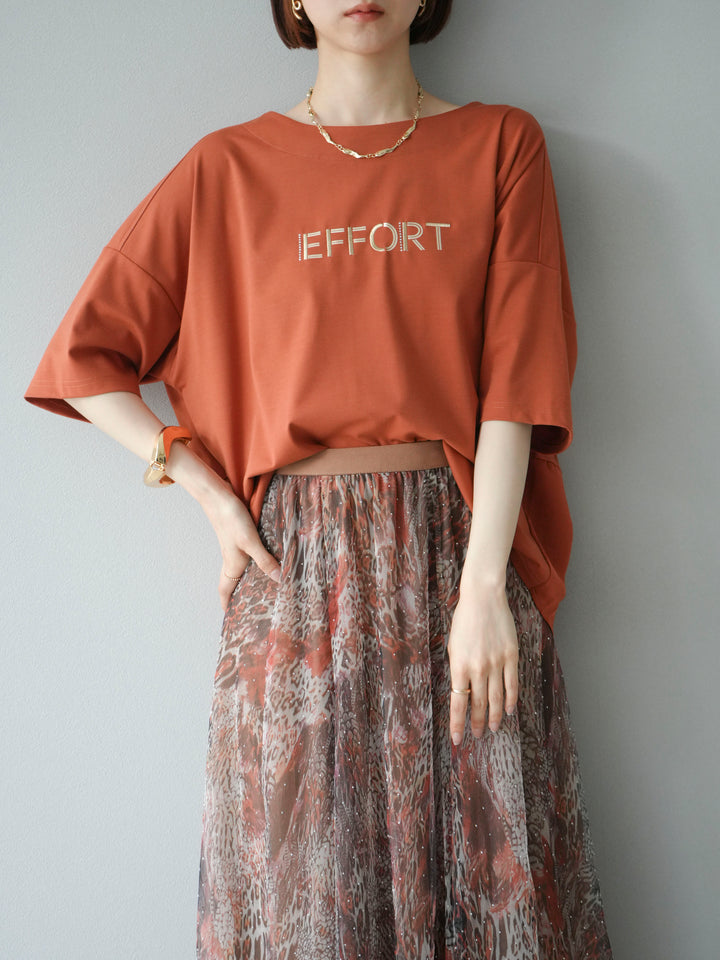 [予約]異素材メタリックロゴ刺繍×プリントTシャツ/オレンジ
