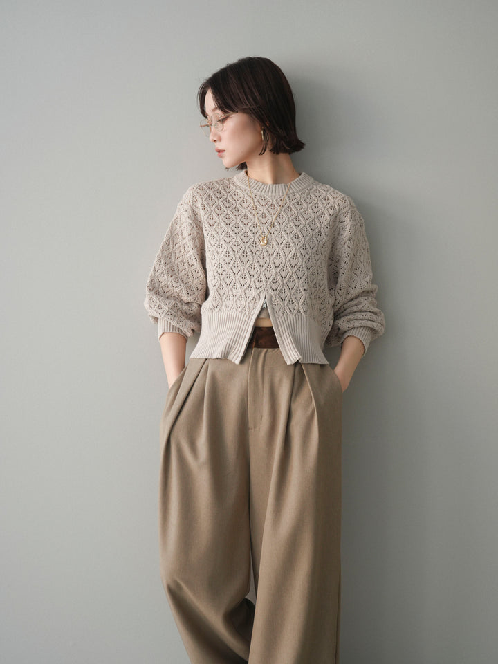 [予約]透かし編みフロントジップスリットニットプルオーバー/lightbeige