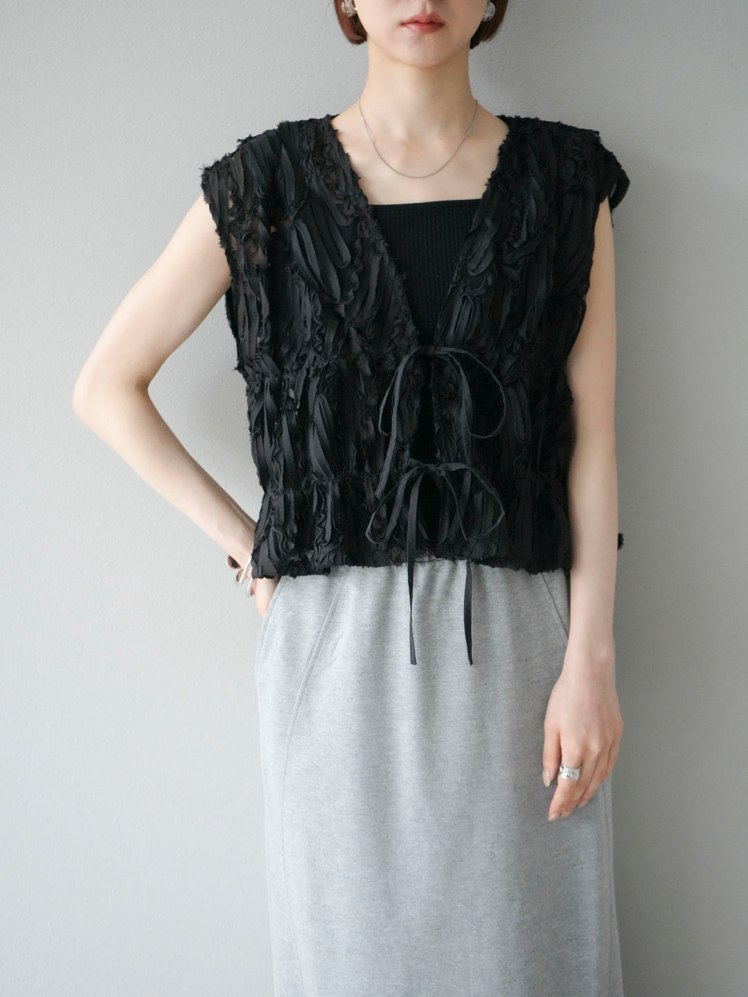 [SET]ジャガードレースリボントップス+スウェットロングスカート(2set)