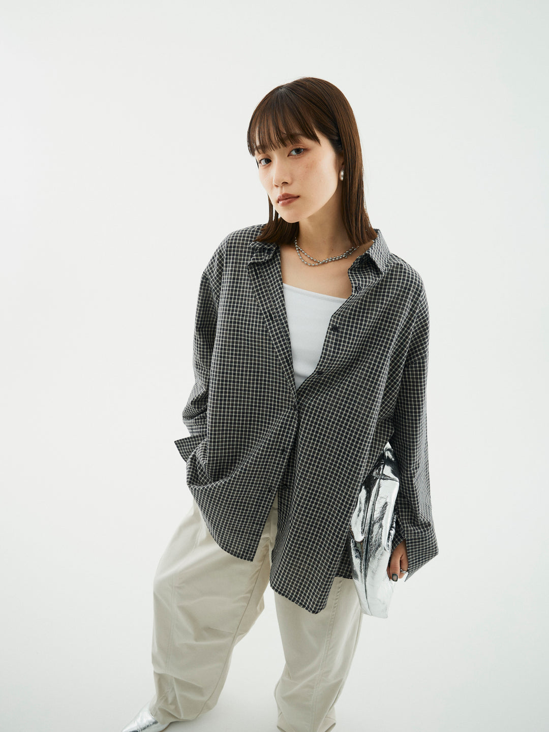 【Allure】[SET]チェックBIGカフスオーバーシャツ+タフタワイドカーブパンツ(2set)