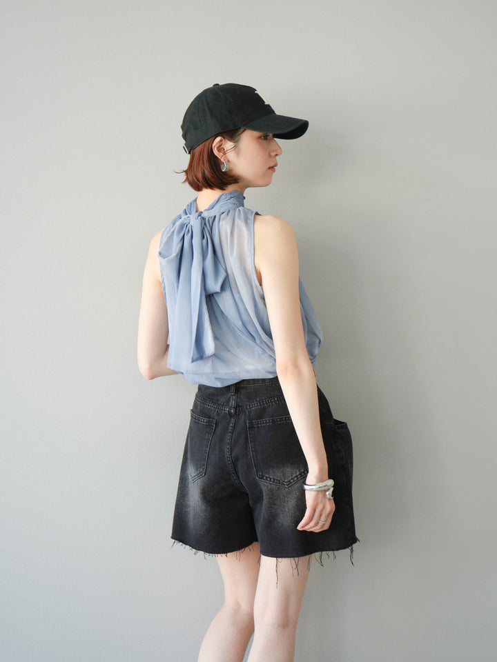 [予約]ニュアンスシアーホルターネックブラウス/ブルー