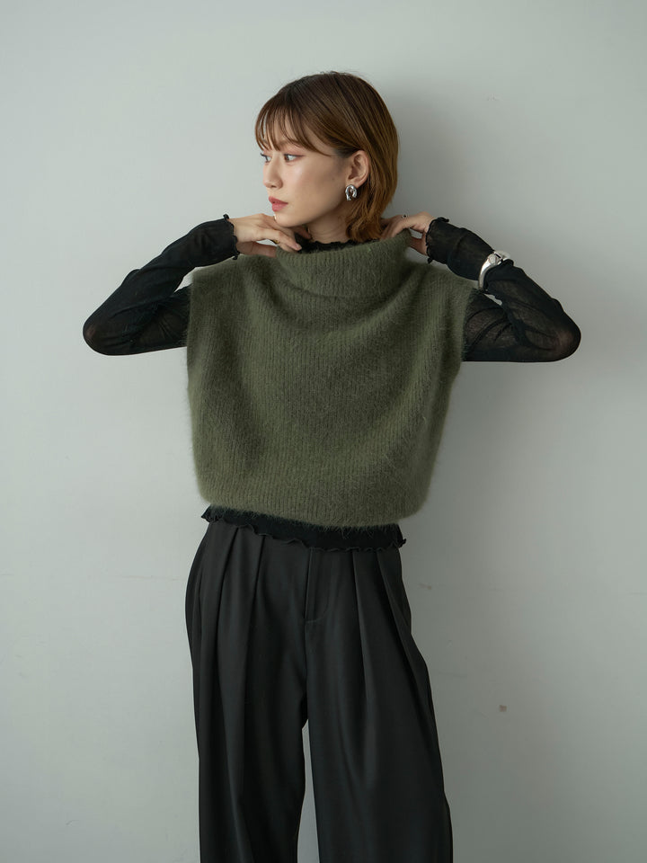 [SET]シャギータートルニットベスト+ツイルタックワイドパンツ(2set)