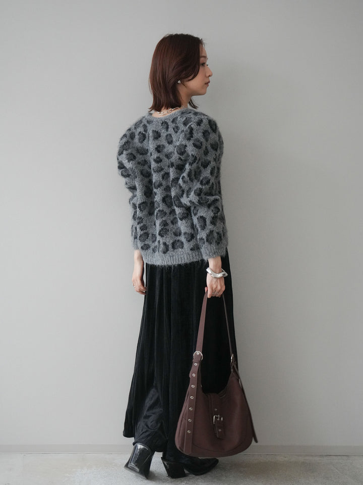 [SET]モヘアタッチレオパード柄ニットカーディガン+ワッシャーベロアプリーツスカート(2set)