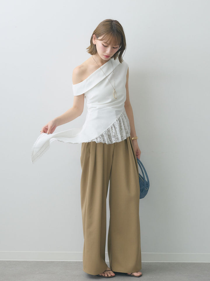 [SET]アシンメトリーラッフルレースヘムトップス+クレープデシンタックワイドパンツ(2set)