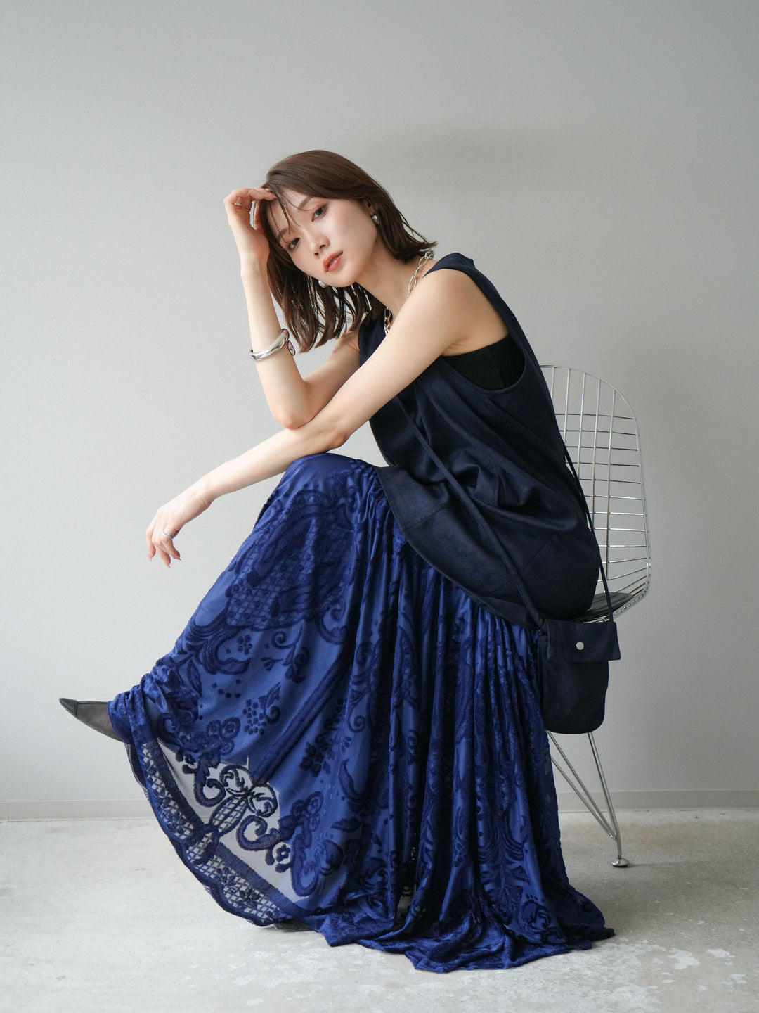 [予約]ショルダーポーチ付スウェードミニワンピース/ネイビー