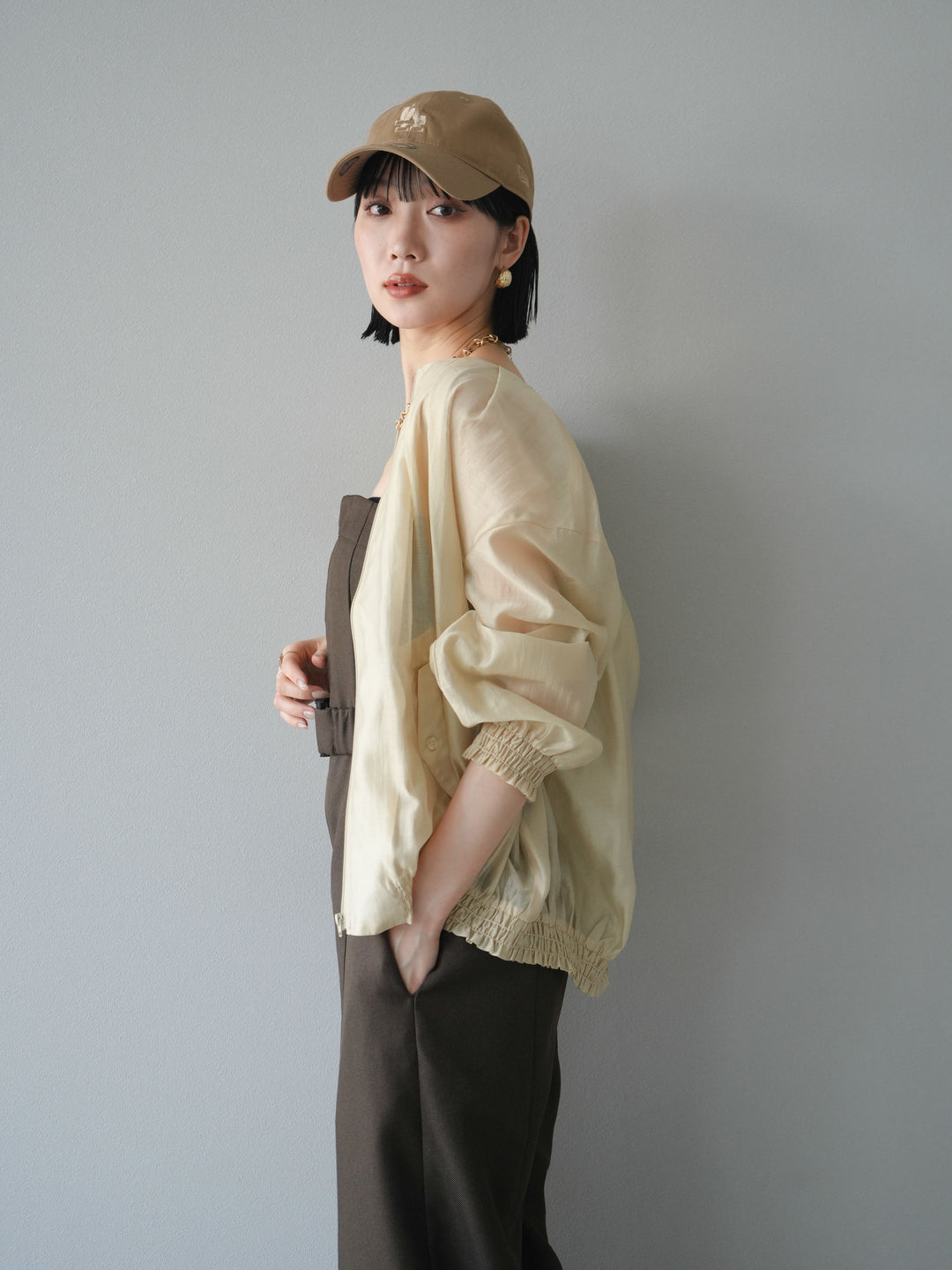 [SET]タックデザインシアーブルゾン+ヘザーツイルベルト付ベアサロペット(2set)