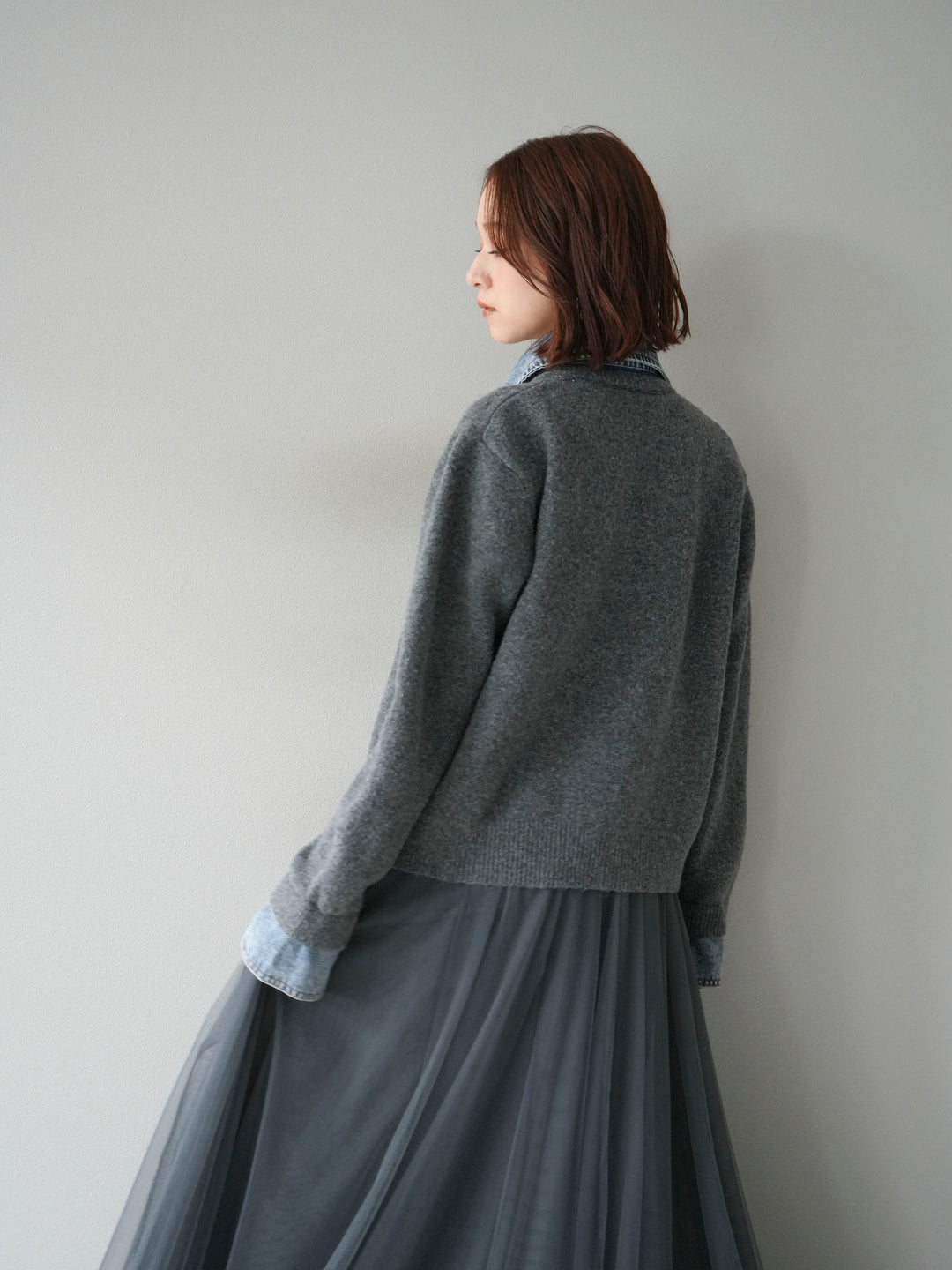 [予約]デニム襟ボタンニットカーディガン/チャコール