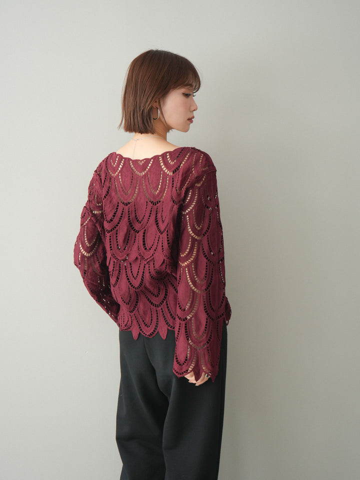 [予約]透かしコードレースブラウス/bordeaux