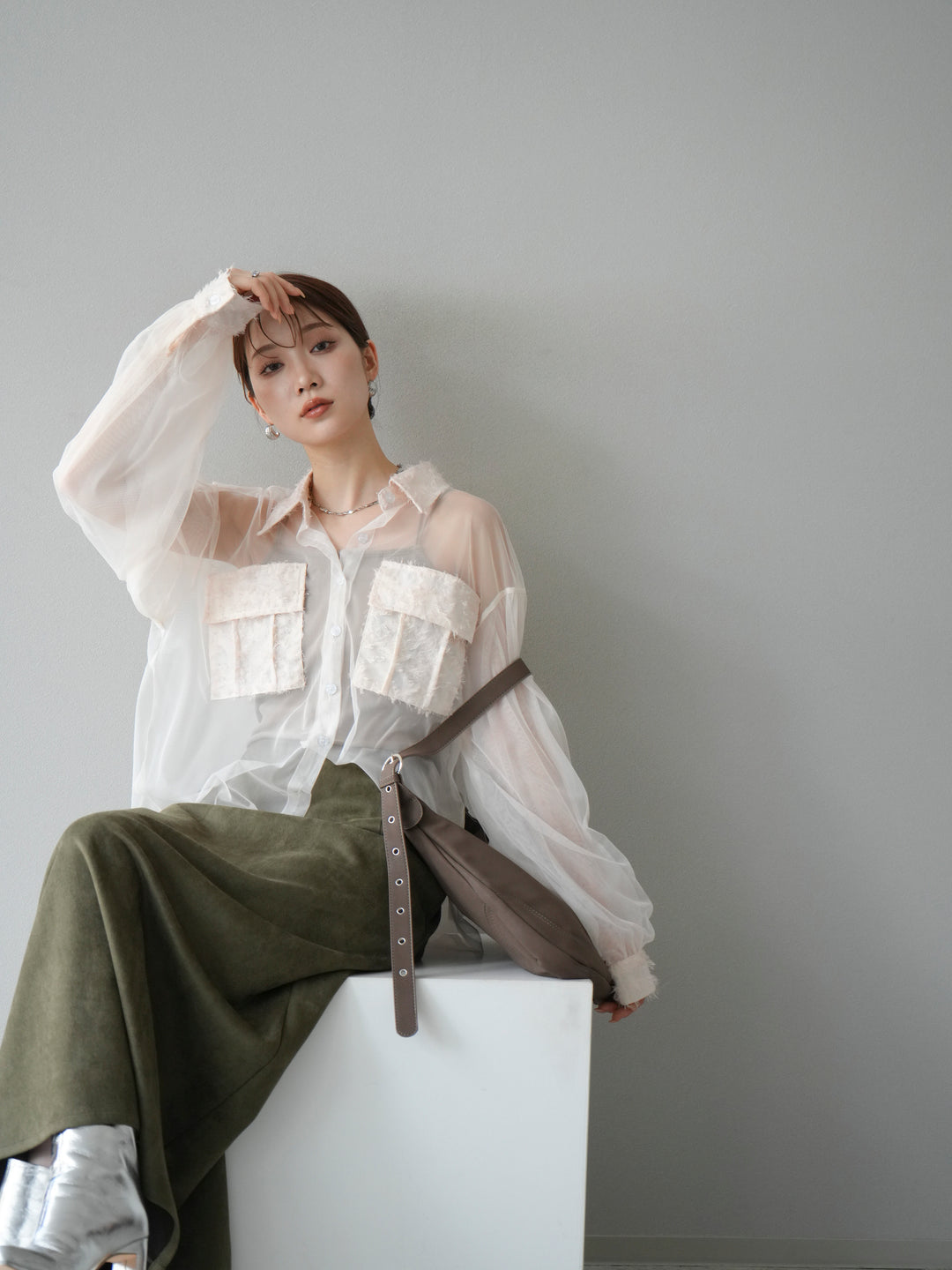 [予約]フリンジジャガード×チュールレイヤードシャツ/アイボリー