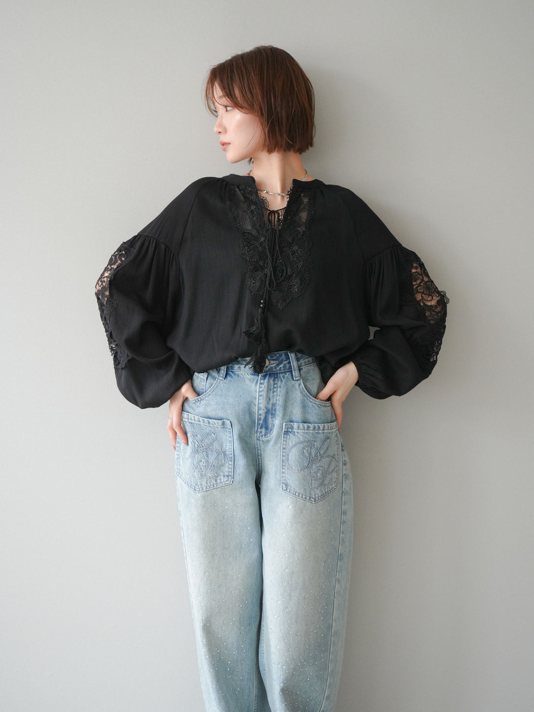 [予約]レーススリーブスキッパーブラウス/black