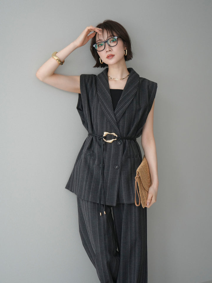 [SET]モチーフベルト付ストライプジレ＆パンツSETUP+選べるアクセセット(2set)