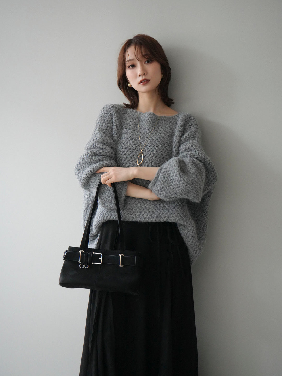 [予約]ワッフル編みオーバーニットプルオーバー/gray