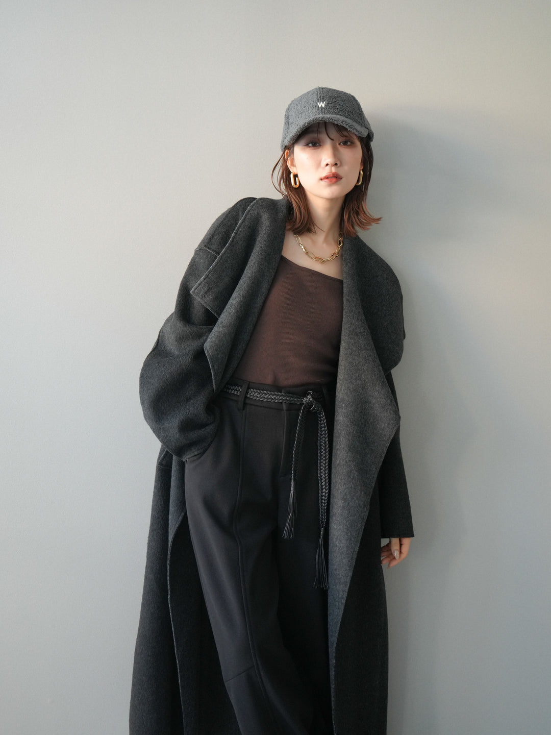 [予約]ダブルフェイスバイカラーロングコート/charcoal