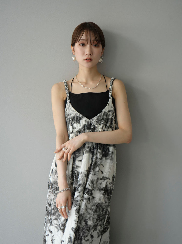 [Pre-order] Damaged Nuance Pattern Braided String Cami Dress/White