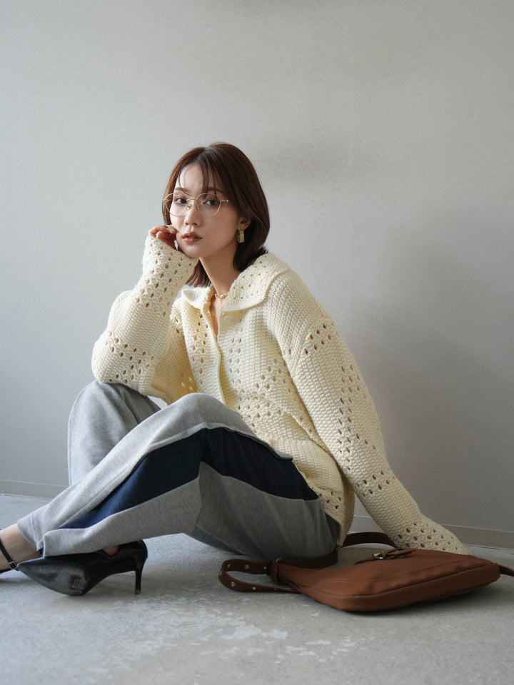 [予約]丸襟透かし編みニットカーディガン/オフ