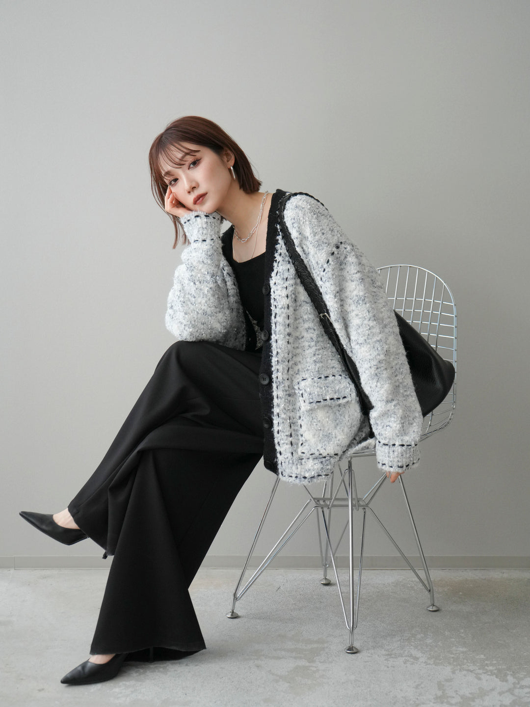 [SET]ブークレハンドステッチニットカーディガン+ベルトループデザインワイドパンツ(2set)