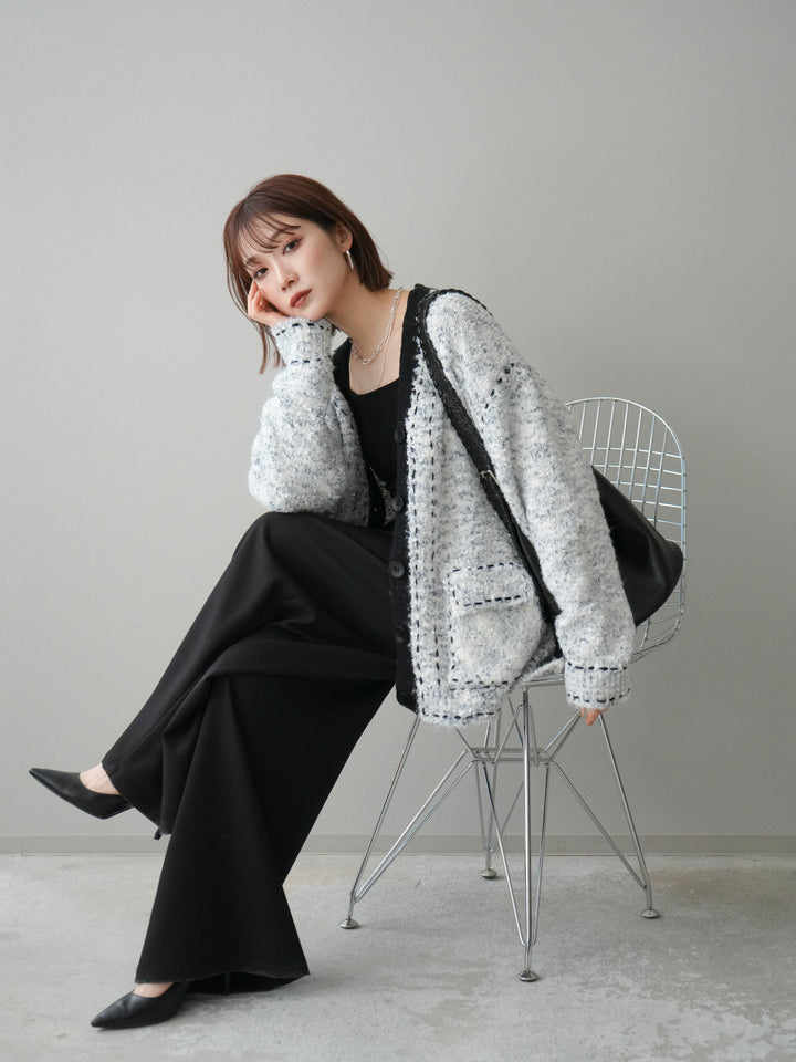 [SET]ブークレハンドステッチニットカーディガン+ベルトループデザインワイドパンツ(2set)