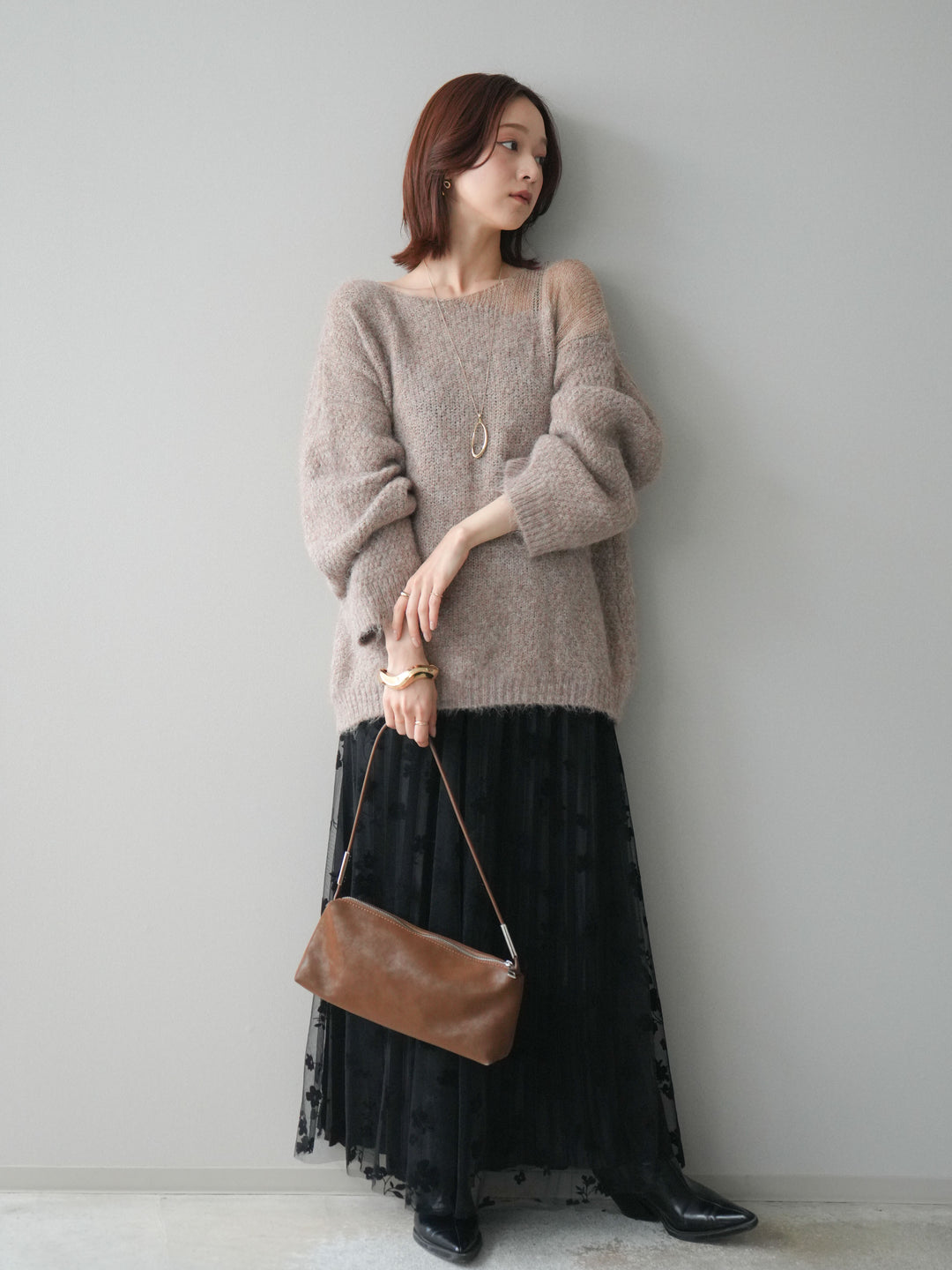 [SET]透かしデザインニットプルオーバー+フラワーフロッキーチュールプリーツスカート(2set)