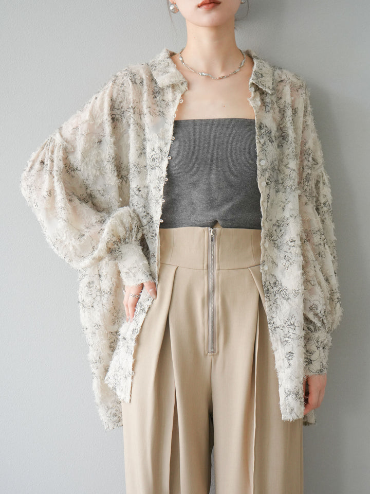 [予約]ニュアンスフリンジジャガードボリュームスリーブブラウス/ベージュ