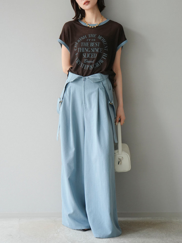 [SET]ストリングデザインハイウエストサロペット+シアーフライス ロゴプリントT (2set)