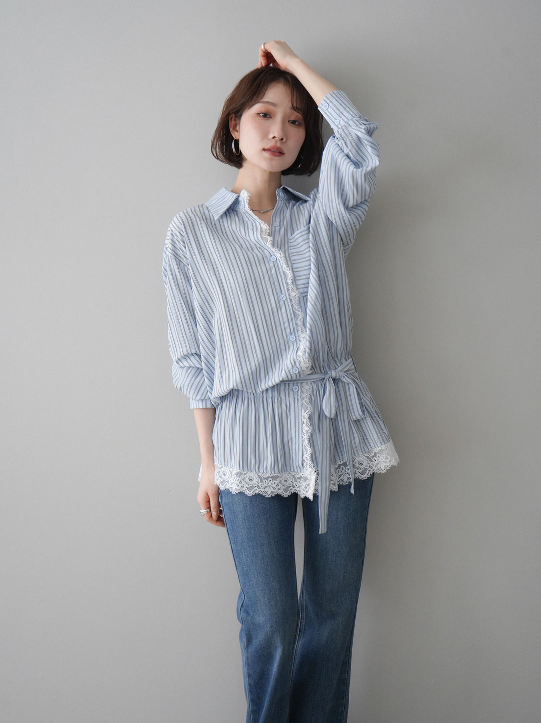 [SET]レース付ストライプウエストギャザーシャツ+フリンジデザインセミフレアデニム(2set)