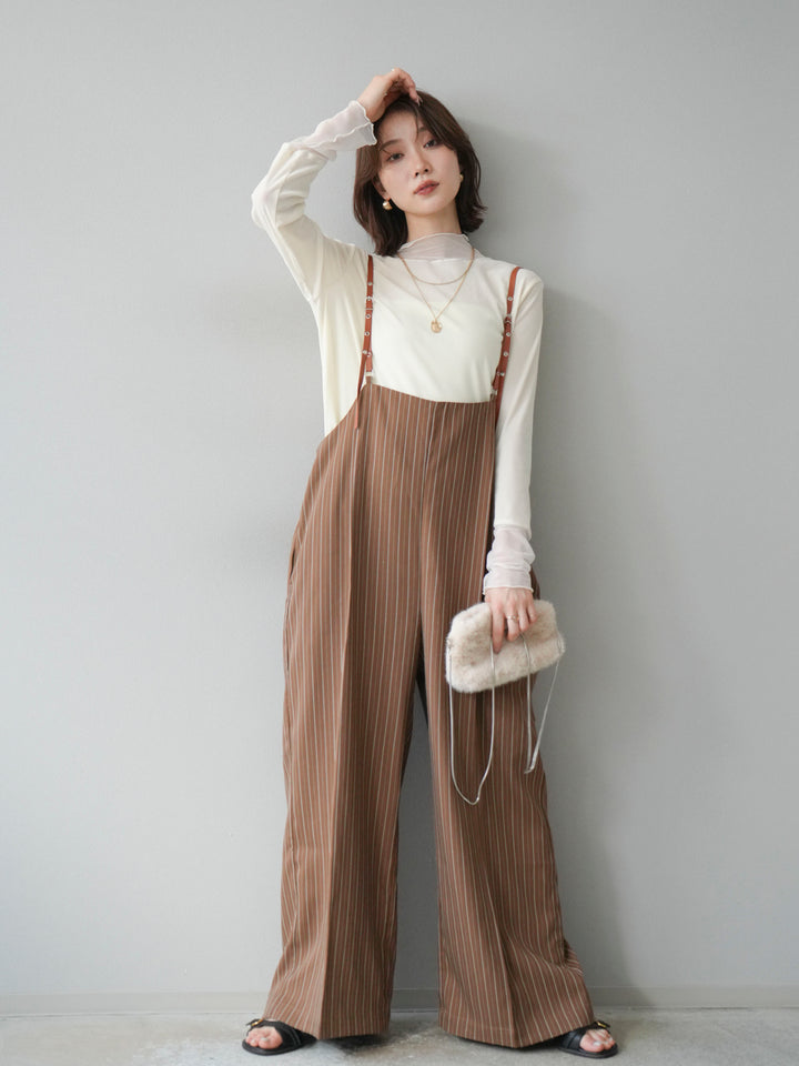 [SET]ヘリンボーンストライプサロペット+シアー切替ベロアトップス(2set)