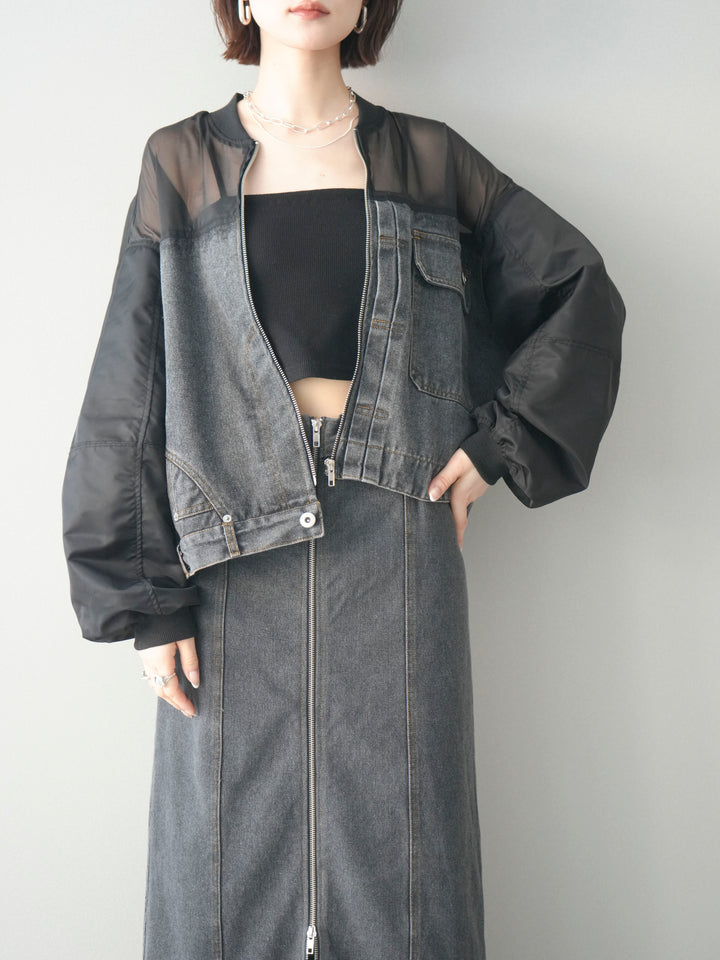 [SET]異素材デニムブルゾン+フロントジップデニムスカート(2set)