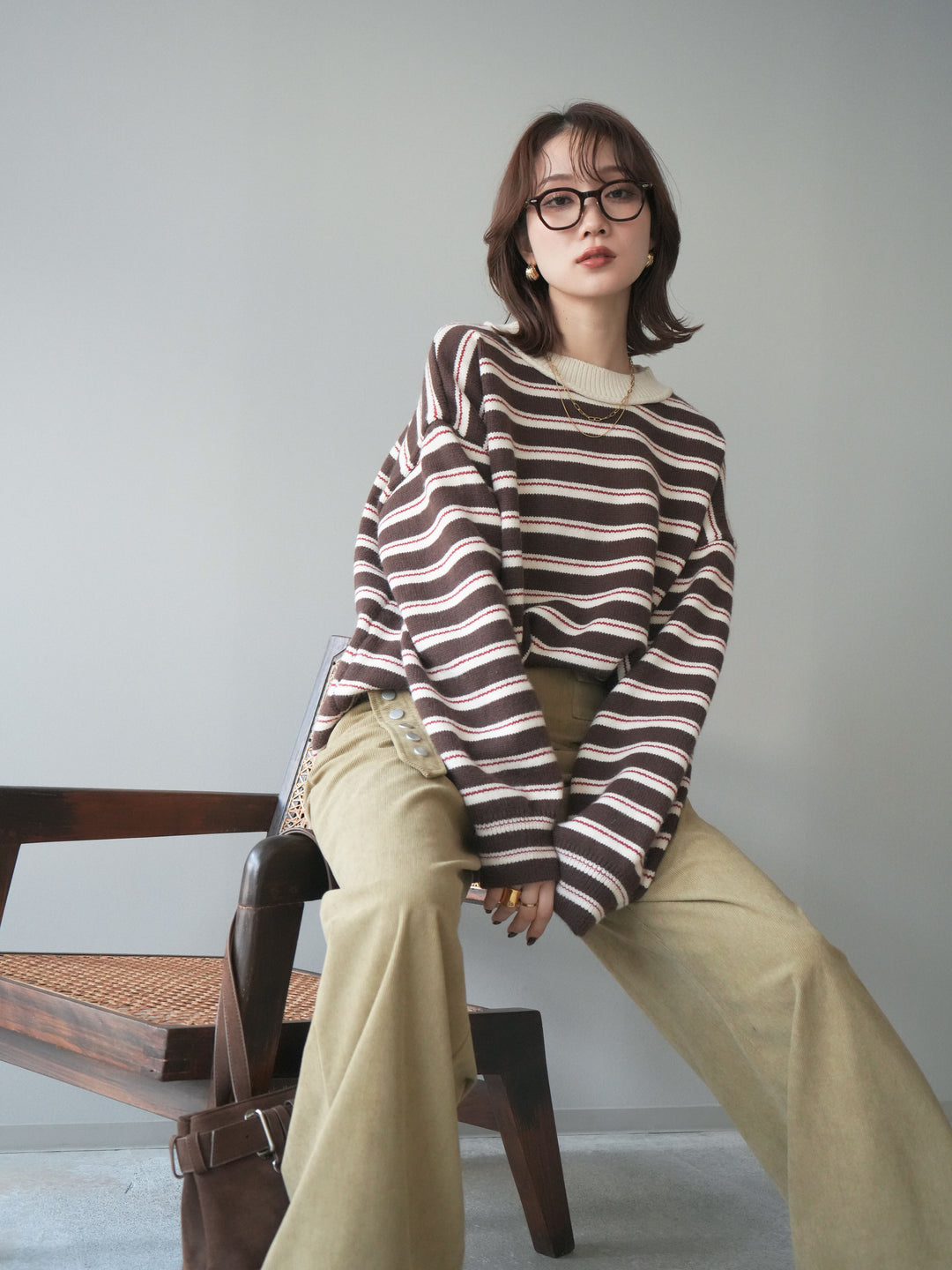 [予約]モックネックボーダーニットプルオーバー/brown