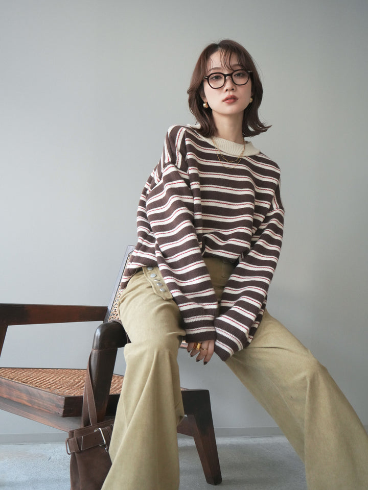 [予約]モックネックボーダーニットプルオーバー/brown