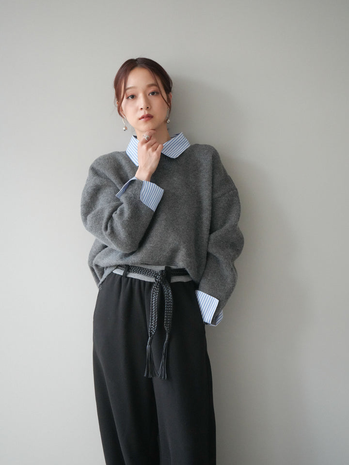 [SET]2WAYストライプ襟ニットプルオーバー+編み込みベルト付きウエスト配色スエットパンツ(2set)